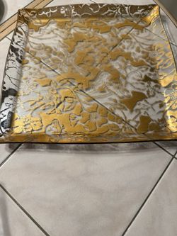 Glass Serving Platter With Gold Designs 