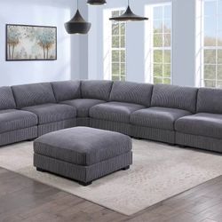 Brand New Grey Corduroy Plush Modular Sectional Sofa w Ottoman 