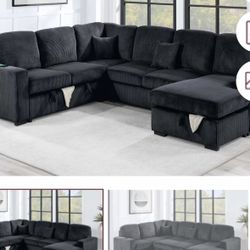 $649-4Piece Convertible Sectional  Sleeper Sofa ,Chaise Storage ,Sofa Storage & USB Ports 98” x 103” x 61” x36”H