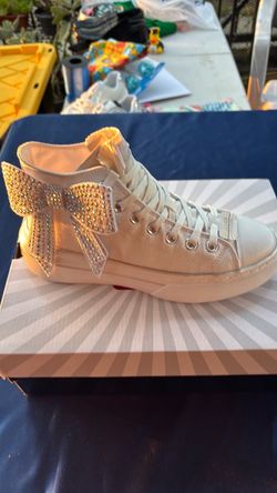 White High-Top Sneaker with Rhinestone Bow