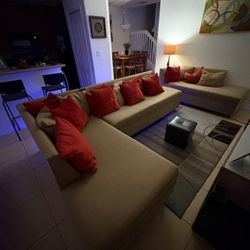 Sectional Sofa-Tan and Red Fabric 