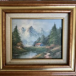 vintage original oil painting on canvas featuring a mountain landscape Signed