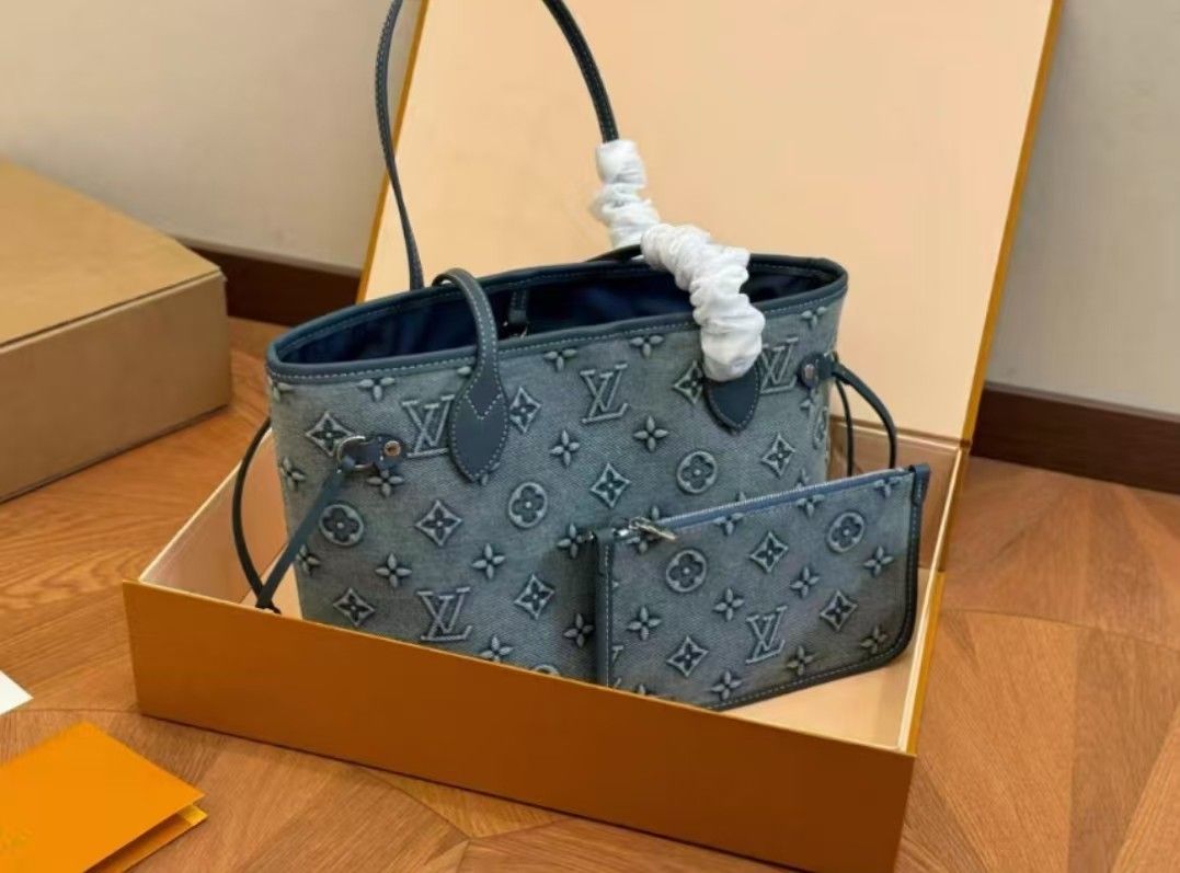 LV NEVERFULL MM Blue Denim Denim Tote Bag