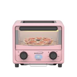 Brentwood 2-in-1 Mini Toaster Oven Pink 500W Griddle Grill Crumb Tray