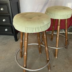 2-Piece Green Fabric Backless Bar Stool with Wooden Legs