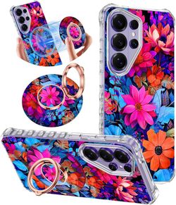 for Galaxy S26 Ultra Case,Magnetic Removable Floral Phone Ring Stand, 360°Rotation MagSafe Stand,Slim Wavy Frame Cases with Cute Flowers for Samsung G