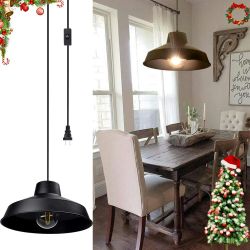 Black Metal Hanging Pendant Light with Plug in 14.63ft Cord