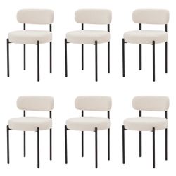 Dining Chairs Set of 6, White Boucle Dining Chair, Curved Backrest Upholstered Dining Room Chairs with Black Metal Legs, Mid Century Modern Dining Cha