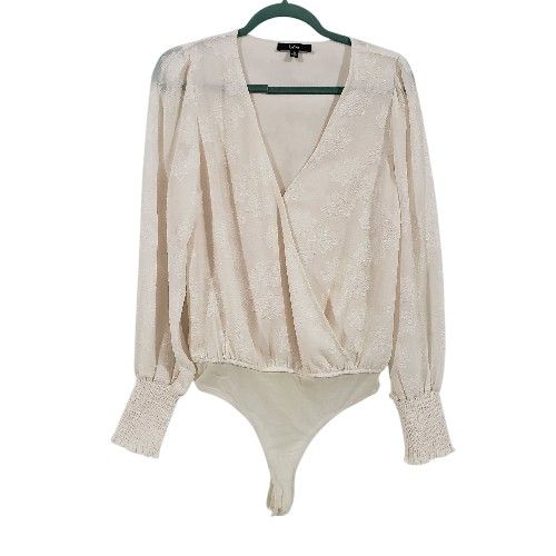 LULUS Womens Cream Long Sleeve Semi Sheer Floral V Neck Bodysuit Size Medium