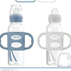 New Dr. Brown's Milestones Narrow Sippy Spout Bottle with 100% Silicone, Easy-Grip Handles and Soft Sippy Spout, 8oz/250mL, Light-Blue and Gray, 2-Pac