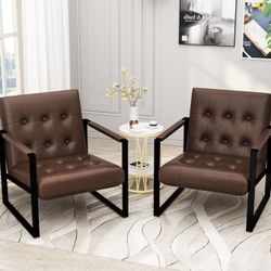 NEW TWO (2) Brown Mid-Century Modern Faux Leather Accent Armchair with Padded Armrests