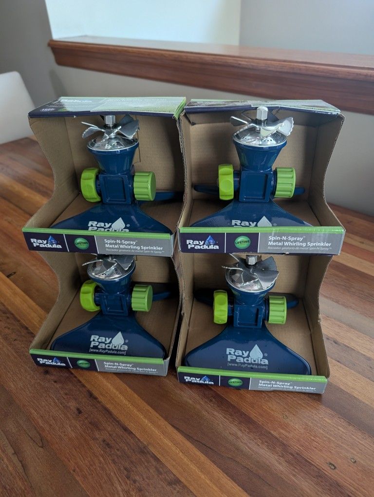 4 New Ray Padula all Metal Water Vane Sprinkler.

Paid $75 with shipping, brand new never used.

● Covers up to 1,225 sq. ft. (35 x 35 ft. square) – g