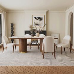 7 PIECE DINING TABLE SET CERAMIC TOP WALNUT FINISH BEIGE FABRIC CHAIRS