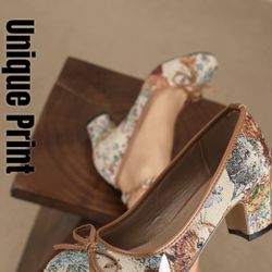 Elegant Woman’s Mary Jane High Heels, Unique Print Cute Bowknot, Fawn Brown EU40