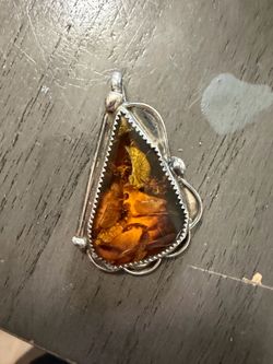 Sterling Silver 925 Teardrop Amber Pendant, Brown Bezel Set, Signed