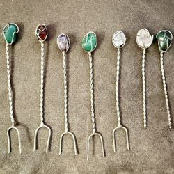 Vintage Barasch Sylmar Wire Wrap Gemstone Appetizer Picks Cocktail Forks Brazil 