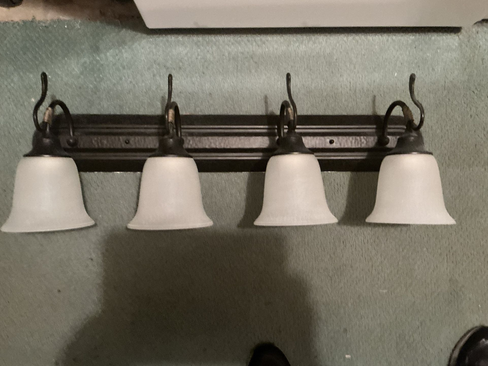 Vanity Light With 4 Lights, Black With Touch Of Gold, Frosted Shades, 32 X 10 X 8.75”