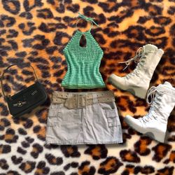 Vintage Tan Beige Khaki Y2K 90s Utility Military Cargo Low Rise Micro Mini Skirt