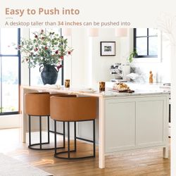 27" H Counter Height Bar Stools Set of 2, Counter Stools with Backrest and Arms, Faux Leather Accent Barstools,Yellowish Brown