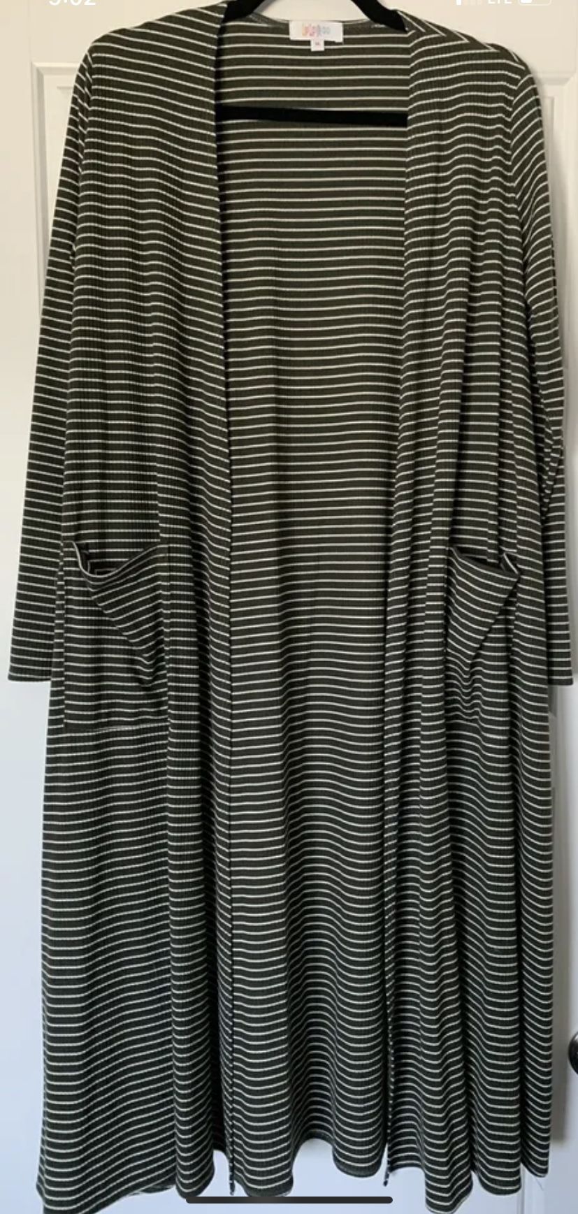 Lularoe Sarah Cardigan Duster, Army Green/Olive & White Striped, Medium, NWOT