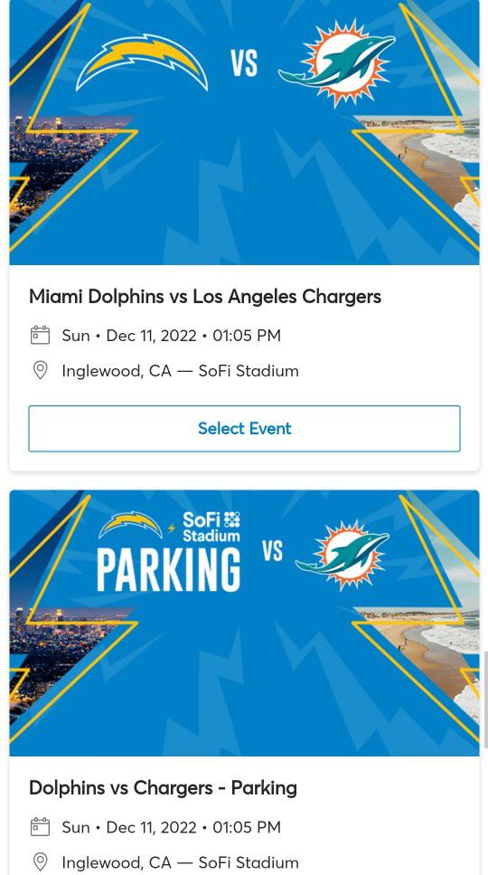 Dolphins @ Chargers 2 Tickets, 1 Tailgate Parking Pass 