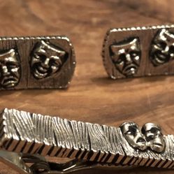 Vintage Mardi Gras Mask cuff links and tie clip Drama Theater Mask Art Broadway