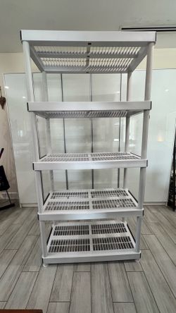 Heavy duty, plastic shelves for inventory or garage Heavy duty, plastic shelves for e-commerce, warehouse, inventory organization or garage