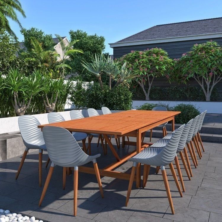 Brand New Free Shipping 13 Piece Extendable Rectangular With Grey Chairs Dining Set | 100% FSC Certified Solid Wood | Ideal Furniture Set For Outdoor