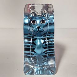 Vintage Glass Cat Figurine Painted Blue
