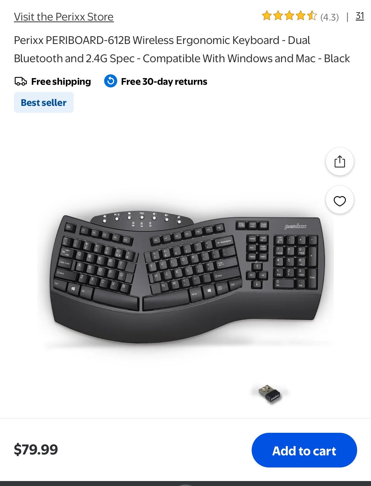Perixx PERIBOARD-612B Wireless Ergonomic Keyboard - Dual Bluetooth and 2.4G Spec - Compatible With Windows and Mac - Black