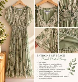 🌿 Beautiful Sage Green Floral Pleated Dress – Size S