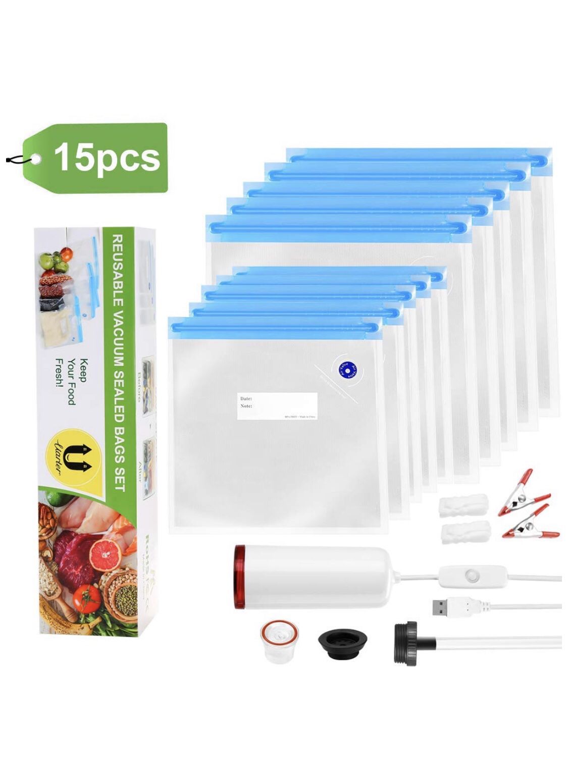 Uarter Sous Vide Bags Kit with Electric Pump For Anova and Joule Cookers, 8 Reusable BPA Free Food Vacuum Sealer Bags, 2 Sealing Clip and 2 Sous Vid