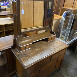 6 Drawer Vintage Vanity Wood Desk w/ Mirror (One Handle Broken)