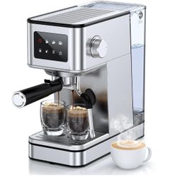 Espresso Machine with Milk Frother, 20 Bar Compact Coffee Machine with Touch Screen & 57.5oz Removable Water Tank for Home, Stainless Steel Espresso M