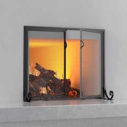 Fire Beauty Fireplace Screen With Hinged Doors, Powder Coated Steel Frame, Metal Mesh, Handcrafted Solid Steel, Decorative Design
