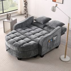 New  Grey Chenille Chaise Lounge Double Sofa with Backrests, Ottoman, Storage Space, Pillows, Side Pockets