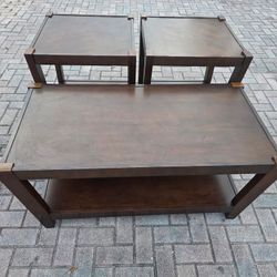 2 wooden end tables, 1 coffee table 