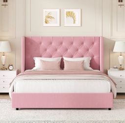 Pink Queen Bed Frame, Upholstered Platform Bed Frame with Velvet Tufted Headboard