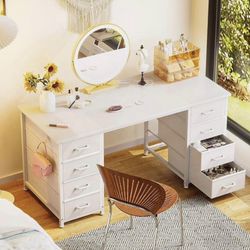 55 Inch Modern Makeup Vanity Desk with 8 Fabric Drawers – Large White Dressing Table & Workstation