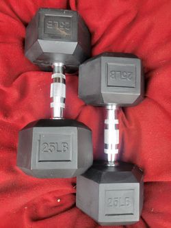 SET OF  25LB RUBBER COATED HEXHEAD DUMBBELLS  TOTAL 50LBs
11525 S HALSTED /7111.S WESTERN 
50$  CASH ONLY AS IS