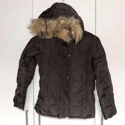 GIRLS Sz Medium GAP Jacket Winter Puffer with attached Fur Hood - Black 