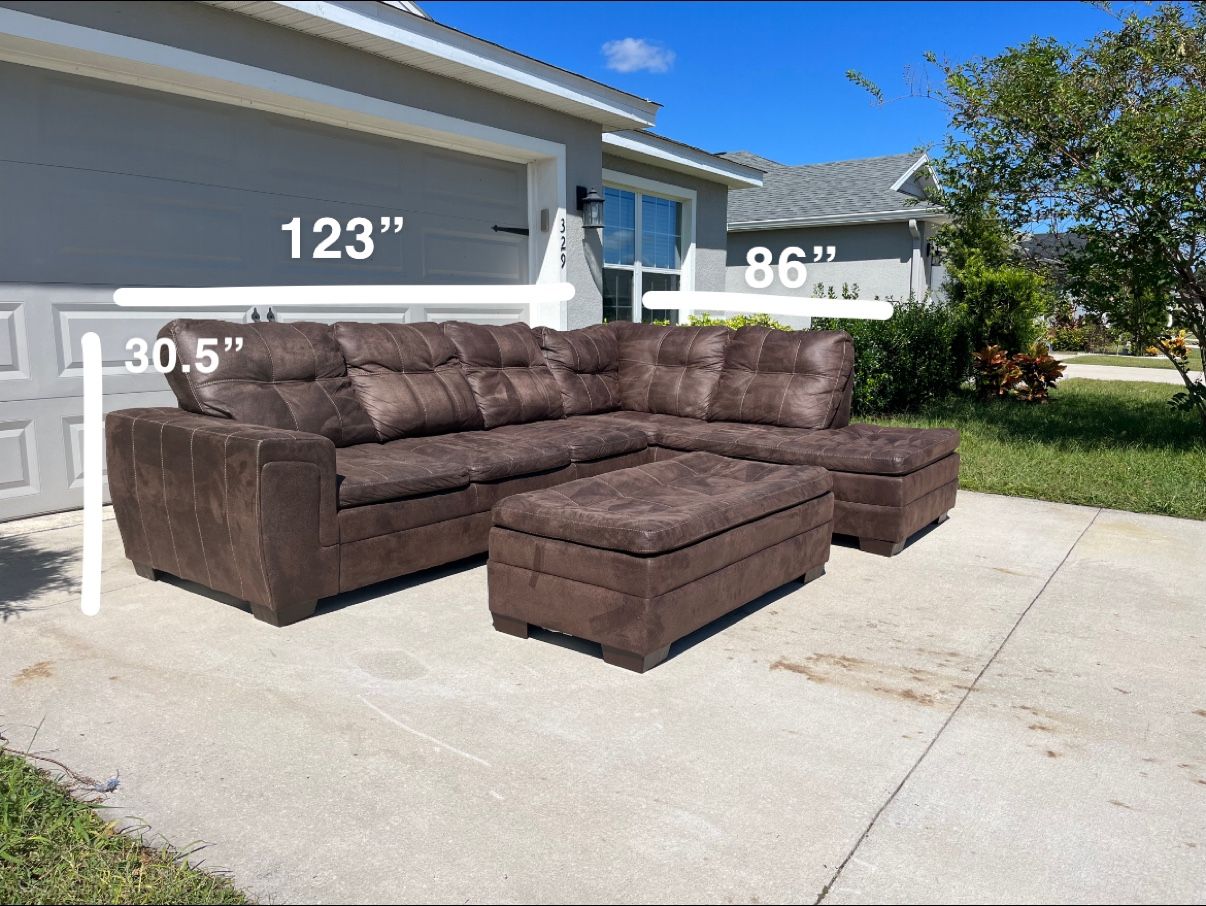 **FREE DELIVERY** - Brown Polyester Sectional Couch with Ottoman
