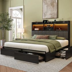 *BRAND NEW* Queen Size Bed Frame with LED Storage, Charge Station & Drawers