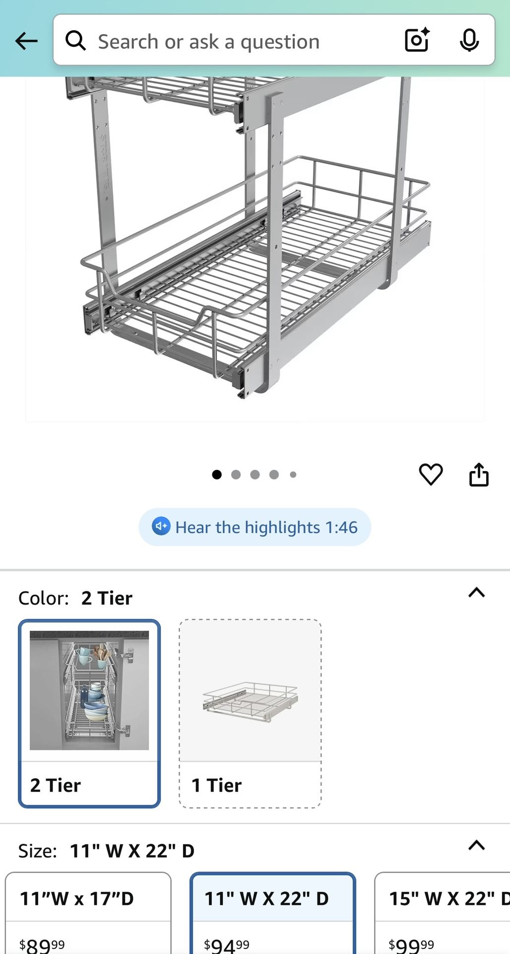2 Tier Pull Out Cabinet Organizer 11" W X 22" D, Slide Out Drawers For Kitchen Cabinets, Pull Out Drawers For Cabinets Capacity Heavy Duty Caddy, Cabi