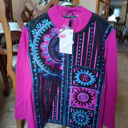 Ladies.."Bob Mackie"..Leather Jacket w/ Embroidered Pink/ Blue..