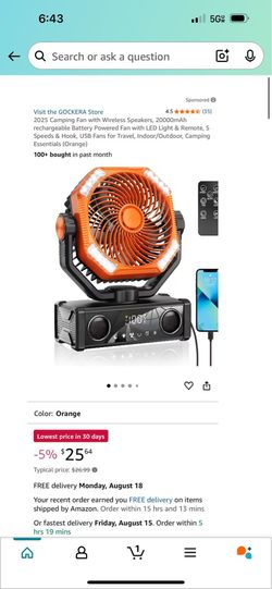 Portable Music Fan with Bluetooth Speakers, Rechargeable Portable Camping Fan with Lights 20000mAh Outdoor Beach Tent with 100 Speeds & Hook