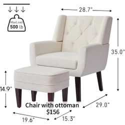 😀 Upholstered Button Tufted a Accent Chair with Ottoman,Linen Fabric Sofa Chairs Reading Chair& Footrest for Living Room for Bedroom, Beige