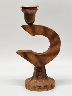Mid-Century Brutalist Abstract Geometric Wooden Hand Carved Candle Holder Signed