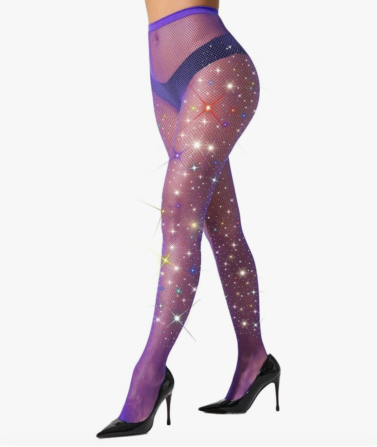 Purple High Waist Tights Sparkle Rhinestone Fishnets Party Rhinestone Mesh Stockings