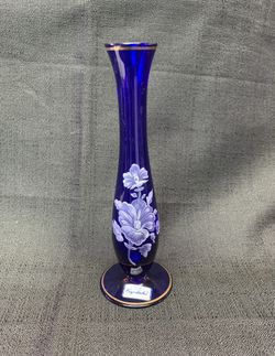 Bud Vase Cobalt Blue Etched Glass “Bohemia Crystalea” 8” No Chips Cracks Breaks NEW